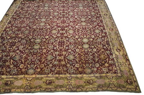23X26 Antique Indian Agra Rug. circa 1890: Hand-knotted wool pile on a cotton foundation. Bird and Snake Design Dimensions: 23' x 26' Origin: Iran Condition: Excellent for its age Field Color: Burgundy Border Color: Yellow-Green Accent Color: