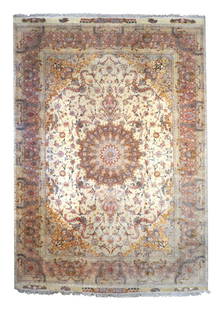8X12 Signed Wool & Silk Tabriz Rug, 60 RAJ: Hand-knotted wool & silk pile on a silk foundation. Signed by weaver, circa 1990 Dimensions: 8'4" x 11'11" Origin: Iran Condition: Excellent Field Color: Beige Border Color: Dusty-Rose Accent Colors: