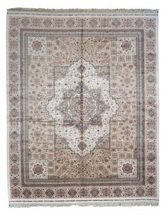 8X10 Beige Hereke Tufted Pure Silk Area Rug, 1000 KPSI: Tufted art silk pile on a art silk foundation. (1000 KPSI) Dimensions: 7'10" x 9'10" Origin: Turkey Field Color: Beige Border Color: Ivory Accent Colors: Blue, Olive, Light-Brown, Red, Gray SKU: 99.23