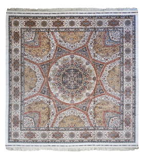 8X8 Square Hereke Tufted Silk Area Rug: Tufted art silk pile on a art silk foundation. (1000 KPSI) New Dimensions: 8'2" x 8'2" Origin: Turkey Field Color: Ivory Border Color: Ivory Accent Colors: Brown, Red, Gold, Navy SKU: 99.17-05.10.23-8