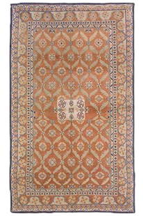 4X6 Antique Cotton Agra Rug, circa 1920: Hand-knotted cotton pile on a cotton foundation. Circa 1920 Dimensions: 4' x 6'6'' Origin: India Condition: Excellent for its age Field Color: Saffron Border Color: Ivory Accent Color: Royal-Blue, Lig