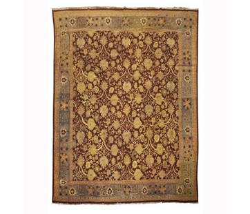 13X15 Antique Burgundy Indian Agra Rug, circa 1880: Hand-knotted wool pile on a cotton foundation. Circa 1880 Dimensions: 12'10" x 14'6" Origin: India Condition: Flat pile, good for its age Field Color: Burgundy Border Color: Antique-Green SKU: 42273-1