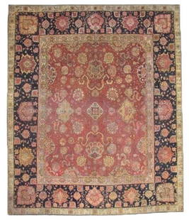 10X12 Antique Indian Agra Rug, circa 1880: Hand-knotted wool pile on a cotton foundation. Circa 1880 Dimensions: 9'8" x 11'6" Origin: India Condition: Excellent with flat pile Field Color: Rust Border Color: Black Accent Colors: Cream, Gold, T