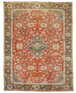 12X15 Antique Cotton Agra Rug, circa 1910: Hand-knotted cotton pile, cotton foundation. Dimensions: 12'3" x 15'2" Origin: India Condition: Excellent for its age Field Color: Soft-Red Border Color: Green Accent Color: Cream, Gray, Yellow, Rose,