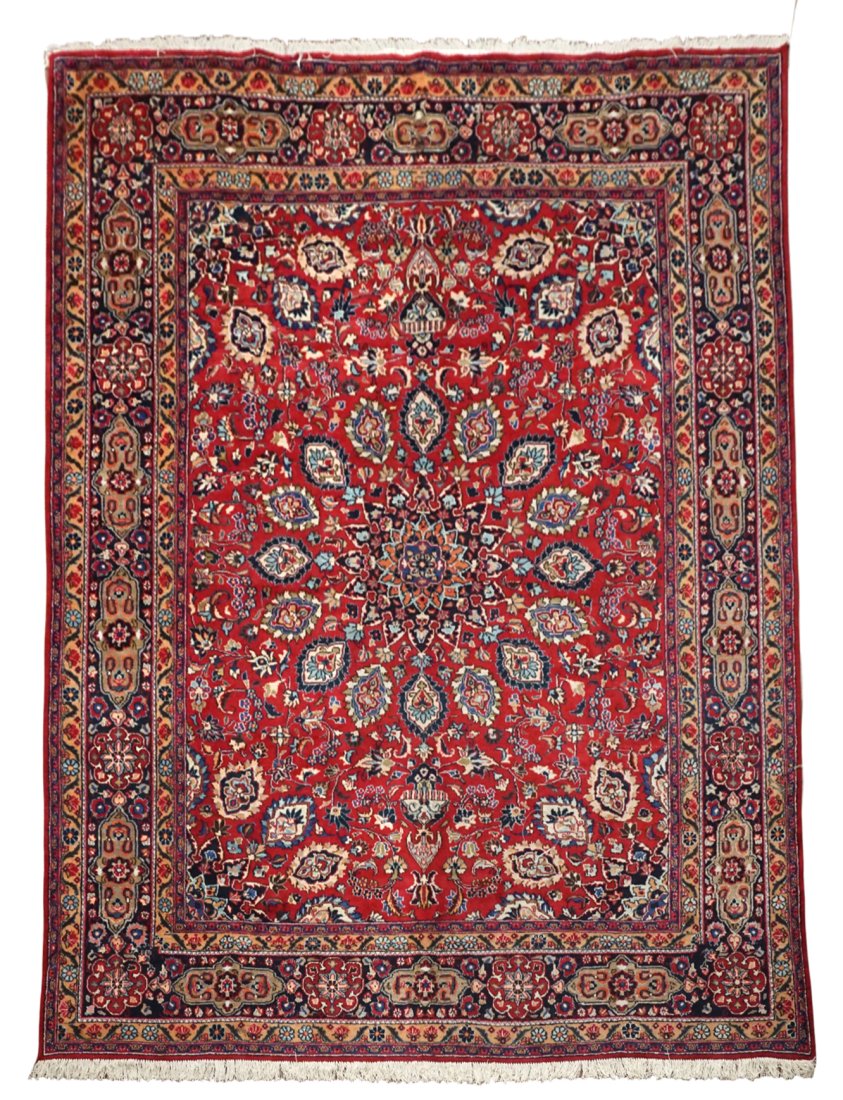 10X13 Fine Persian Sabzevar Rug, circa 1940: Hand-knotted wool pile on a cotton foundation. Circa 1940 Dimensions: 9'7" x 12'8" Origin: Iran Condition: Excellent Field Color: Burgundy Border Color: Navy-Blue Accent Colors: Light-Blue, Coral, Lig