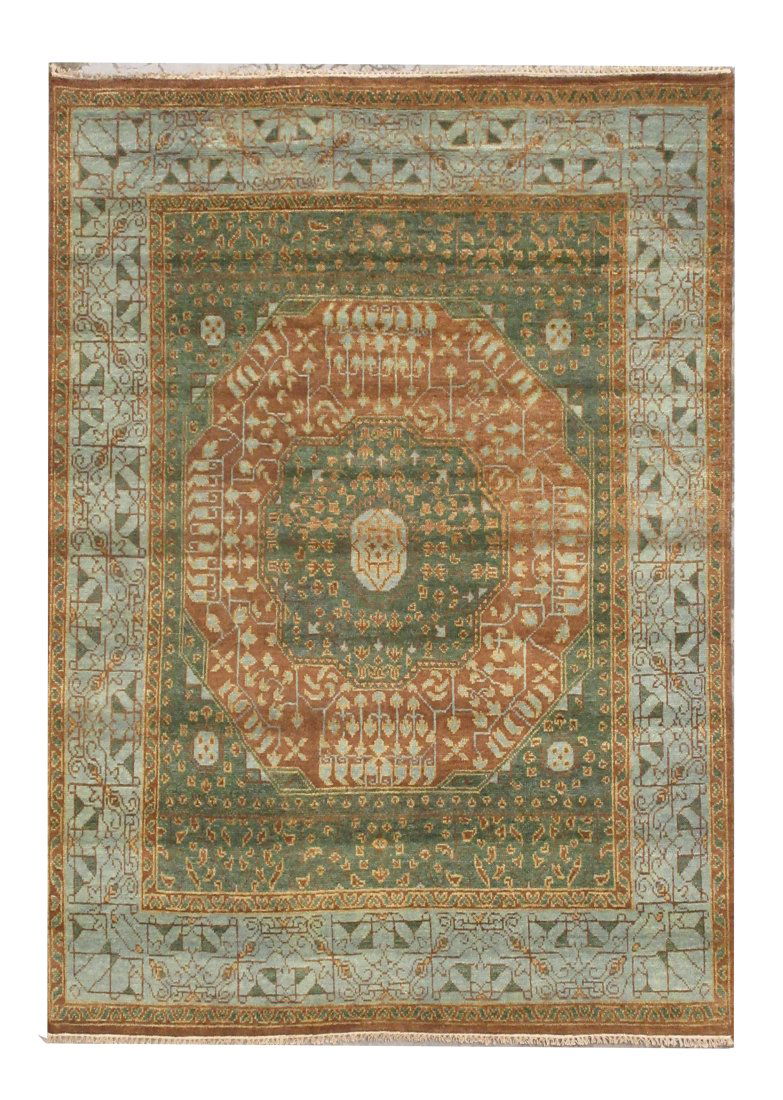 8X10 Egyptian Mamluk Rug: Hand-knotted wool pile on a cotton foundation. Dimensions: 7'6" x 9'10" New Origin: India Field Color: Rust Border Color: Light-Blue Accent Colors: Antique-Green, Gold SKU: 71.95-08.14.20-8X10-AJ021-M