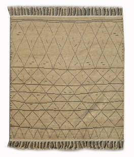 9X11 Fine Modern High-Low Moroccan Area Rug: Hand-knotted wool pile on a cotton foundation. Dimensions: 8'7" x 11'3" Origin: India Field Color: Camel Accent Colors: Gray-Brown SKU: 80.208-03.24.21-9X11-47-AK185-EAM