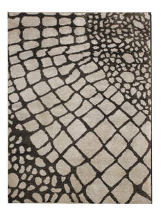 5X8 Modern Moroccan Area Rug: Hand-knotted wool pile on a cotton foundation. Dimensions: 5'3" x 7'9" New Origin: India Field Color: Ivory Accent Colors: Brown SKU: 71.36-08.14.20-5X8-27-AI199-MEA