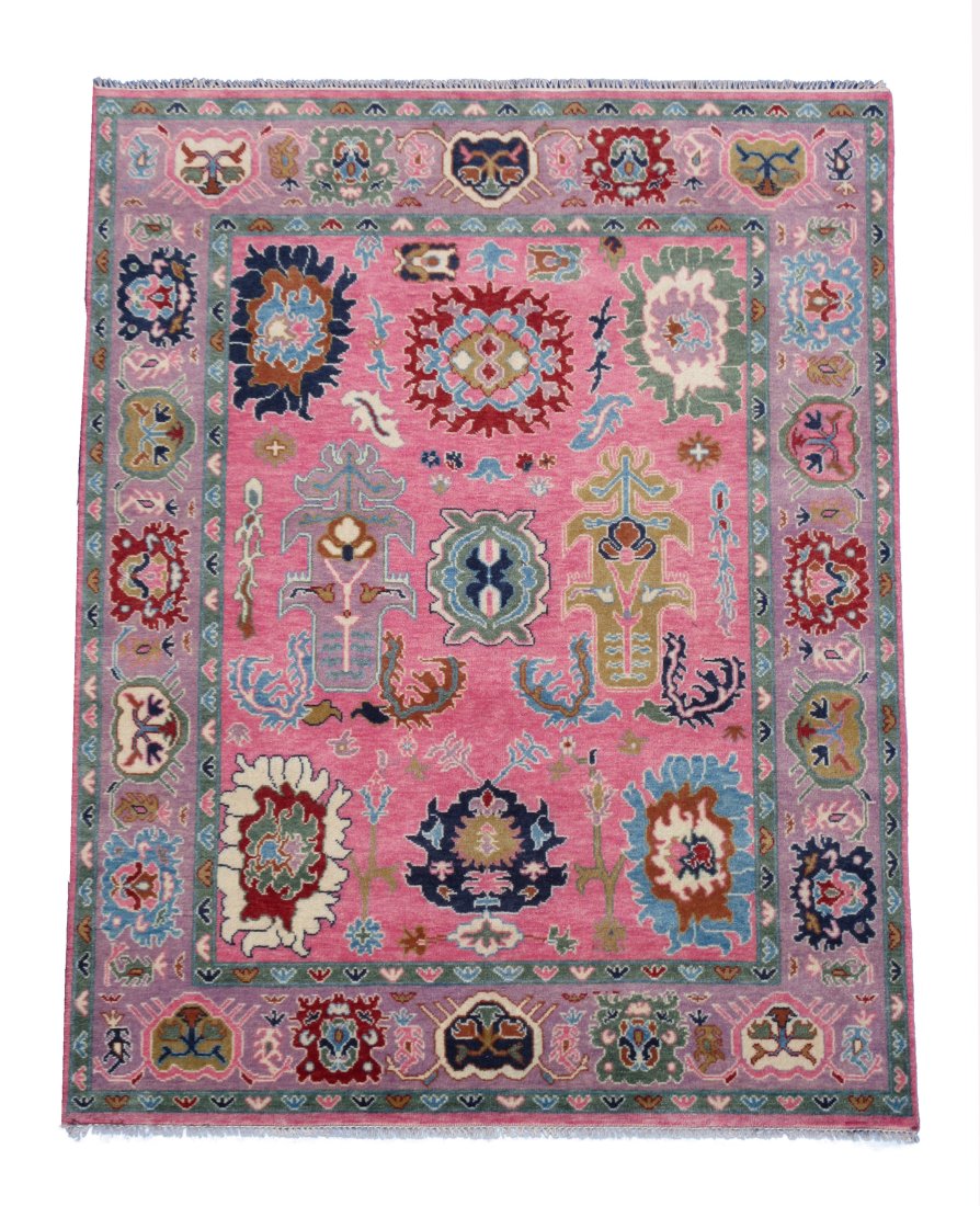 8X10 Pink & Violet Oushak Hand-Knotted Rug: 7'10" x 9'10" Hand-knotted wool pile on a cotton foundation. Origin: India New Field Color: Pink Border Color: Violet SKU: 97.11-03.31.23-8X10-63-AP062