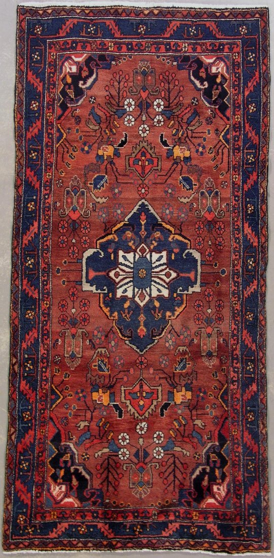 4x9 ANTIQUE PERSIAN SARAB AREA RUG: 4ft 0in X 8ft 7in Hand-Woven in Iran; 1940. Field is Rust; Border is Royal Blue; Accents of Navy Blue, Red, Ivory. Pile is Wool; Foundation is Cotton.