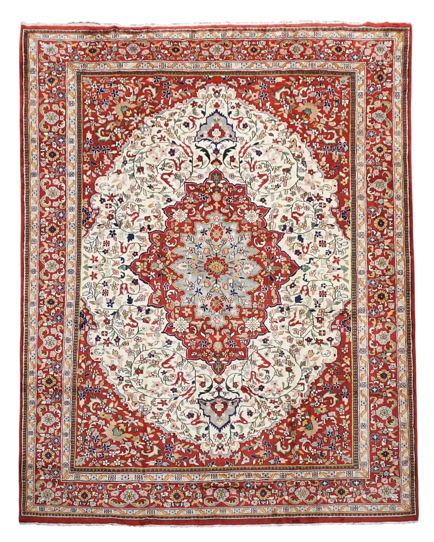 9X12 Vintage Persian Tabriz, circa 1970: Hand-knotted wool pile on a cotton foundation. Circa 1970 Dimensions: 9'4" x 11'9" Origin: Iran Condition: Excellent Field Color: Rust-Red Border Color: Rust-Red Accent Colors: Light-Gold, Pink, Light