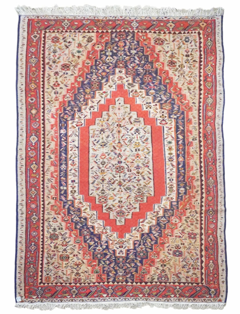6X9 Persian Senne Kilim 1940's Area Rug: Hand-knotted wool pile on a cotton foundation. Circa 1940 Dimensions: 6'3" x 9' Origin: Iran Condition: Excellent Field Color: Light-Green Border Color: Pale-Red Accent Colors: Ivory, Navy, Burgundy, 