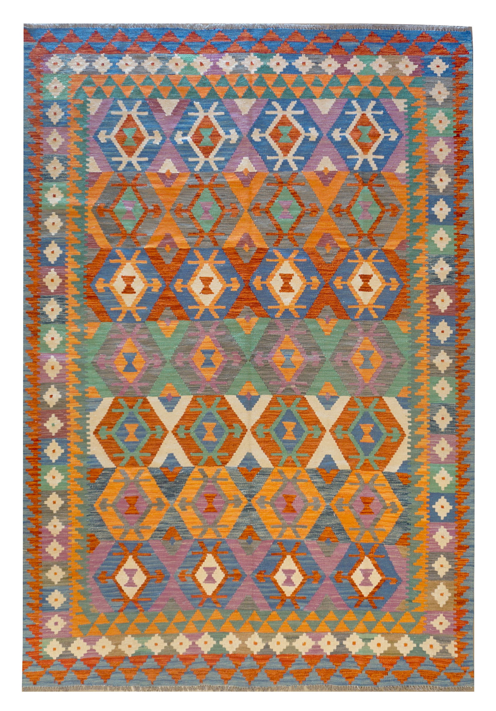 7X10 Afghan Kilim Hand-Knotted Wool Area Rug: Hand-knotted wool pile on a cotton foundation. Dimensions: 6'8" x 9'7" New Origin: Afghanistan Field Color: Multicolored Accent Color: Rust, Purple, Ivory, Blue, Gray, Green, Cream SKU: 106.26-04.01.2
