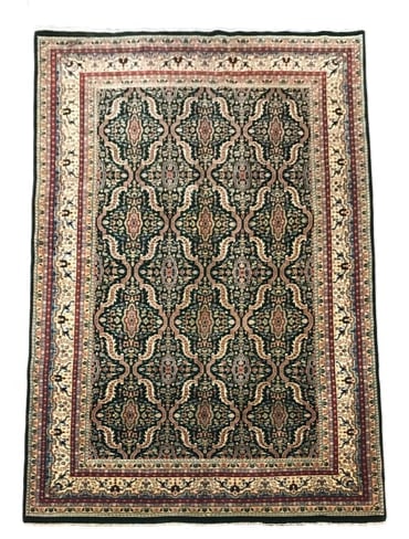 6X8 Vintage Green Tabriz Rug, circa 1980: Hand-knotted wool pile on a cotton foundation. Circa 1980 Dimensions: 5'6" x 8'1" Origin: Iran Condition: Excellent Field Color: Green Border Color: Beige Accent Colors: Cherry-Red, Light-Blue, Light-