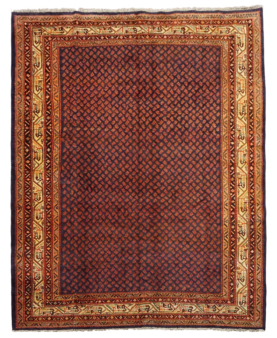 8X11 Vintage Sarouq Mir Saraband, circa 1960: Hand-knotted wool pile on a cotton foundation. Circa 1960 Dimensions: 7'6" x 11'5" Origin: Iran Condition: Excellent Field Color: Navy-Blue Border Color: Light-Gold Accent Colors: Red, Rust-Red, Hunte