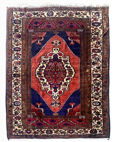 5X8 Estate Vintage Turkish Rug: Hand-knotted wool pile on a cotton foundation. Circa 1970's Dimensions: 5'3" x 8'3" Origin: Turkey Condition: Excellent for its age Field Color: Rust Border Color: Ivory Accent Colors: Navy, Olive, Bl