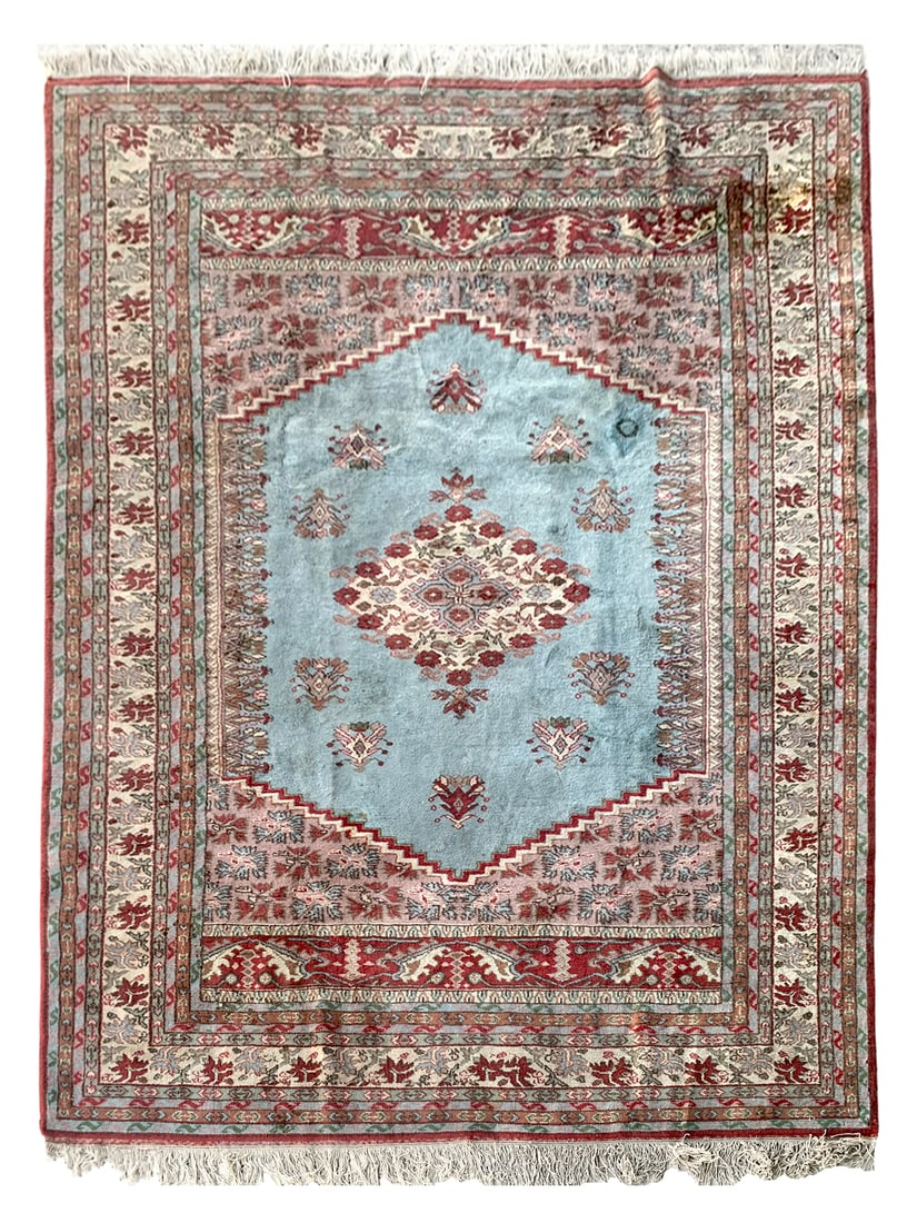 6X9 Antique Turkish Estate Rug, Circa 1940: Hand-knotted wool pile on a cotton foundation. Circa 1940 Dimensions: 6'5" x 9'2" Origin: Turkey Condition: Excellent for its age with staining Field Color: Light-Blue Border Color: Ivory Accent Color