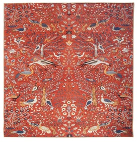8X8 Square Modern Burnt-Orange Bird Design Machine Washable Area Rug