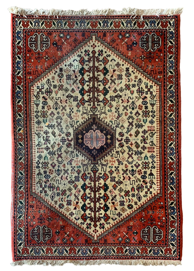 3X4 Estate Persian Yalame, Circa 1970: Hand-knotted wool pile on a cotton foundation. Circa 1970 Dimensions: 2'9" x 4'3" Origin: Iran Condition: Good for its age Field Color: Ivory Border Colors: Cherry-Red Accent Colors: Light-Blue, Navy