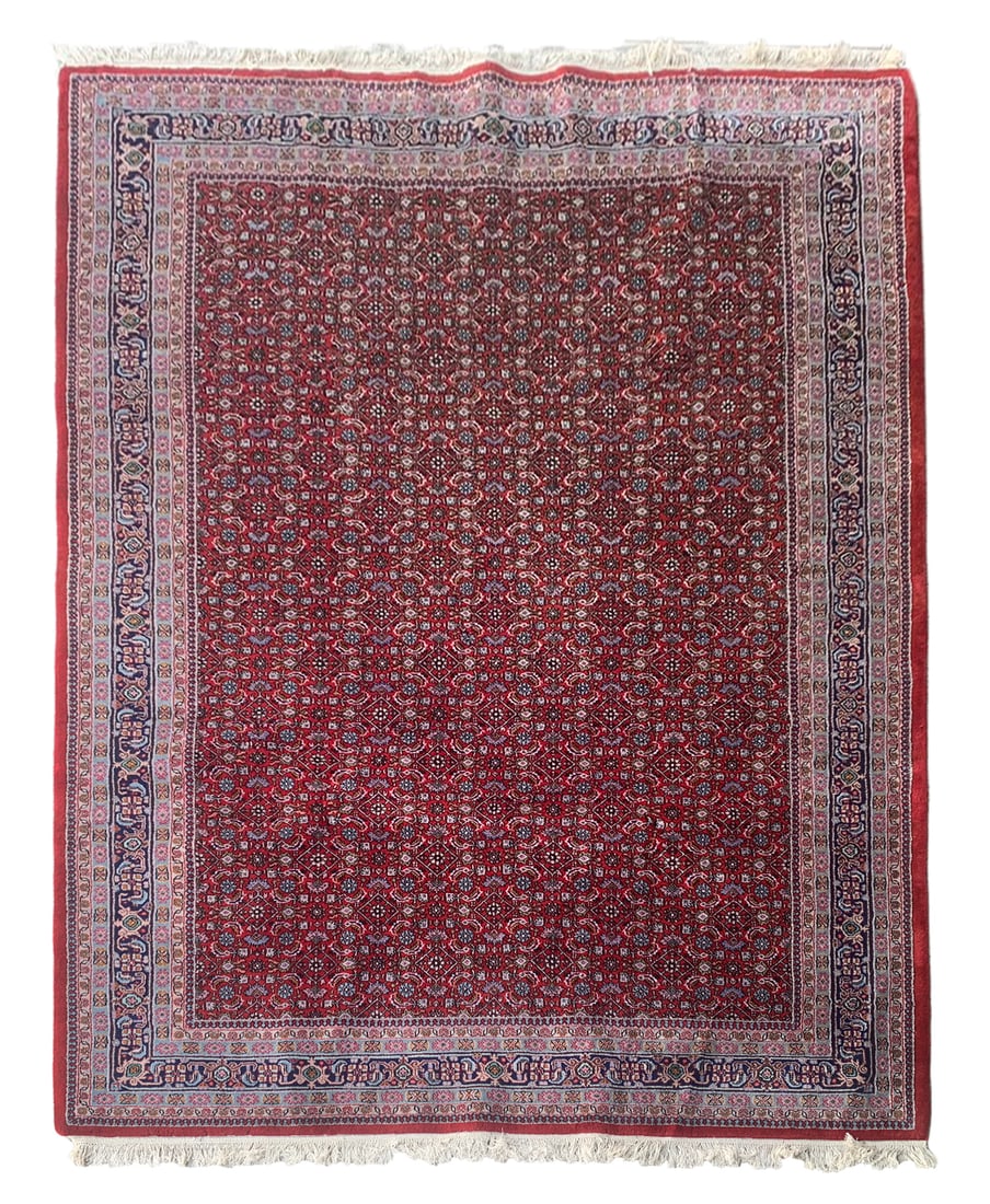 7X10 Estate Bidjar Herati Rug, Circa 1980: Hand-knotted wool pile on a cotton foundation. Circa 1980 Dimensions: 6'6" x 9'9" Origin: India Condition: Good for its age Field Color: Cherry-Red Border Colors: Navy Accent Colors: Light-Blue, Rose,