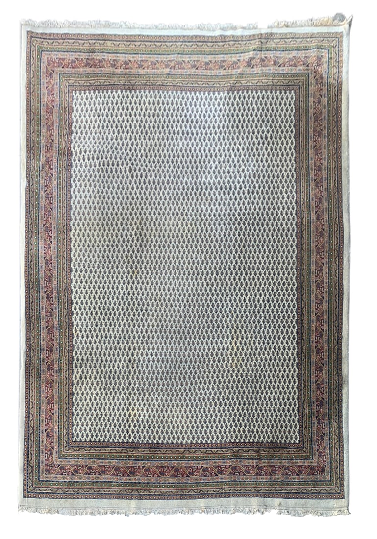 8X11 Estate Saraband Hand-Knotted Wool Rug: Hand-knotted wool pile on a cotton foundation. Circa 1980 Dimensions: 8'2" x 11'2" Origin: India Condition: Good for its age Field Color: Ivory Border Colors: Rust Accent Colors: Olive, Navy, Gold SKU