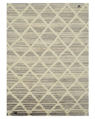 9X12 Modern Diamond Trellis High-Low Hand-Knotted Rug: Size: 9' x 12' Country of Origin: India Age: New Condition: Excellent Field Color: Ivory Accent Color: Gray Technique: High-Low, Hand-Knotted Pile: Wool Foundation: Cotton Note: Photo