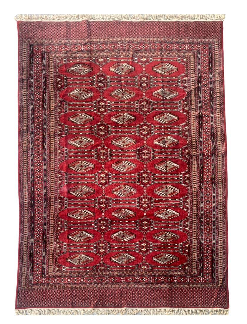 6X9 Estate Antique Turkoman Hand-Knotted Wool Rug, Circa 1930: Hand-knotted wool pile on a cotton foundation. Circa 1930 Dimensions: 6'3" x 9'6" Origin: Turkistan Condition: Good for its age Field Color: Wine-Red Border Colors: Red Accent Colors: Ivory, Black, Br