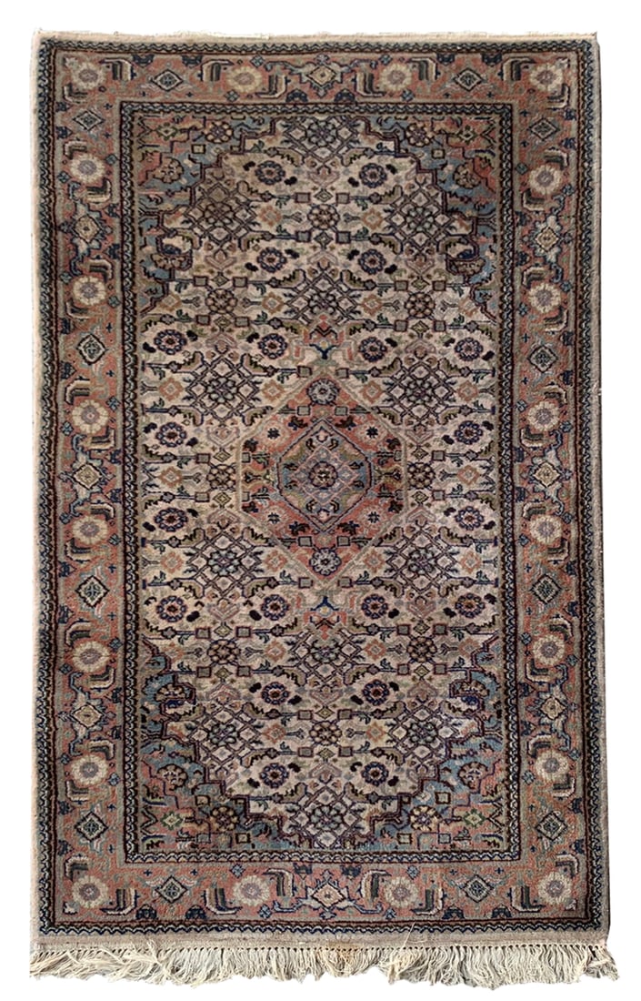 3X6 Estate Bidjar Rug, Circa 1980: Hand-knotted wool pile on a cotton foundation. Circa 1980 Dimensions: 3' x 5'6" Origin: India Condition: Good for its age Field Color: Ivory Border Colors: Brown Accent Colors: Light-Blue, Black SKU: 