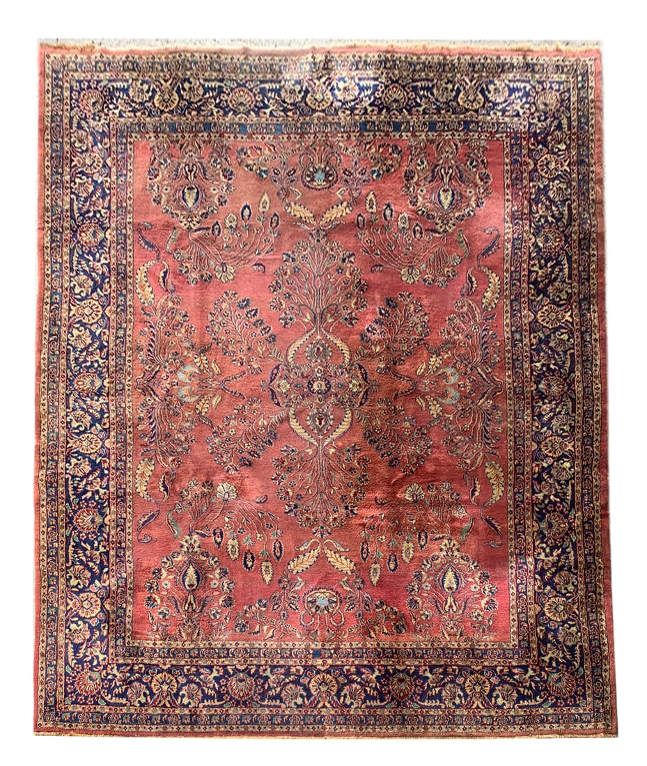 8X11 Estate Fine Sarouq Hand-Knotted Wool Rug, Circa 1980: Hand-knotted wool pile on a cotton foundation. Circa 1980 Dimensions: 8' x 11' Origin: India Condition: Good for its age Field Color: Rust-Red Border Color: Navy-Blue Accent Colors: Light-Blue, Gold S