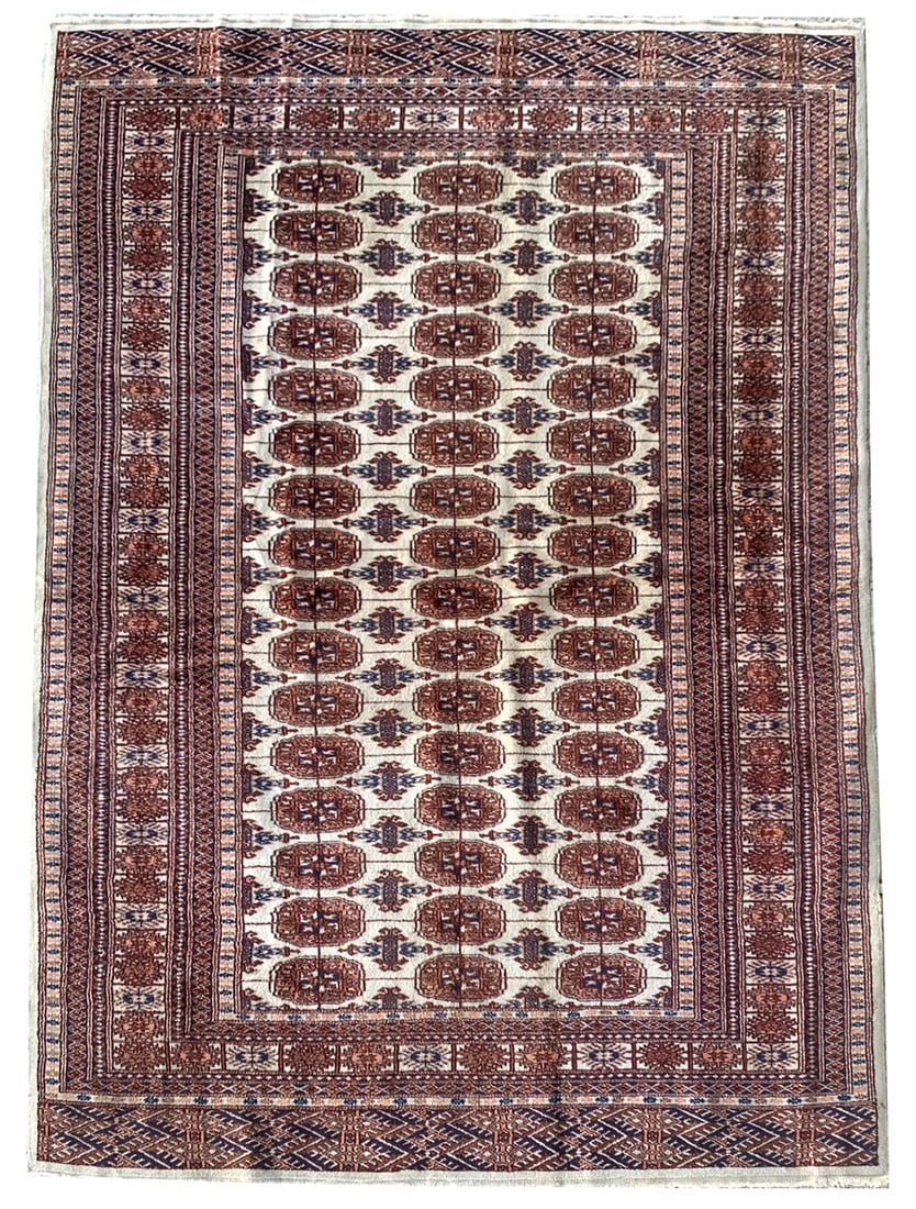 4X6 Estate Fine Pak Bukhara Hand-Knotted Rug, Circa 1990: Hand-knotted wool pile on a cotton foundation. Circa 1990 Dimensions: 4'2" x 6'1" Origin: Pakistan Condition: Good for its age Field Color: Ivory Border Color: Ivory Accent Colors: Antique-Blue, Rust 