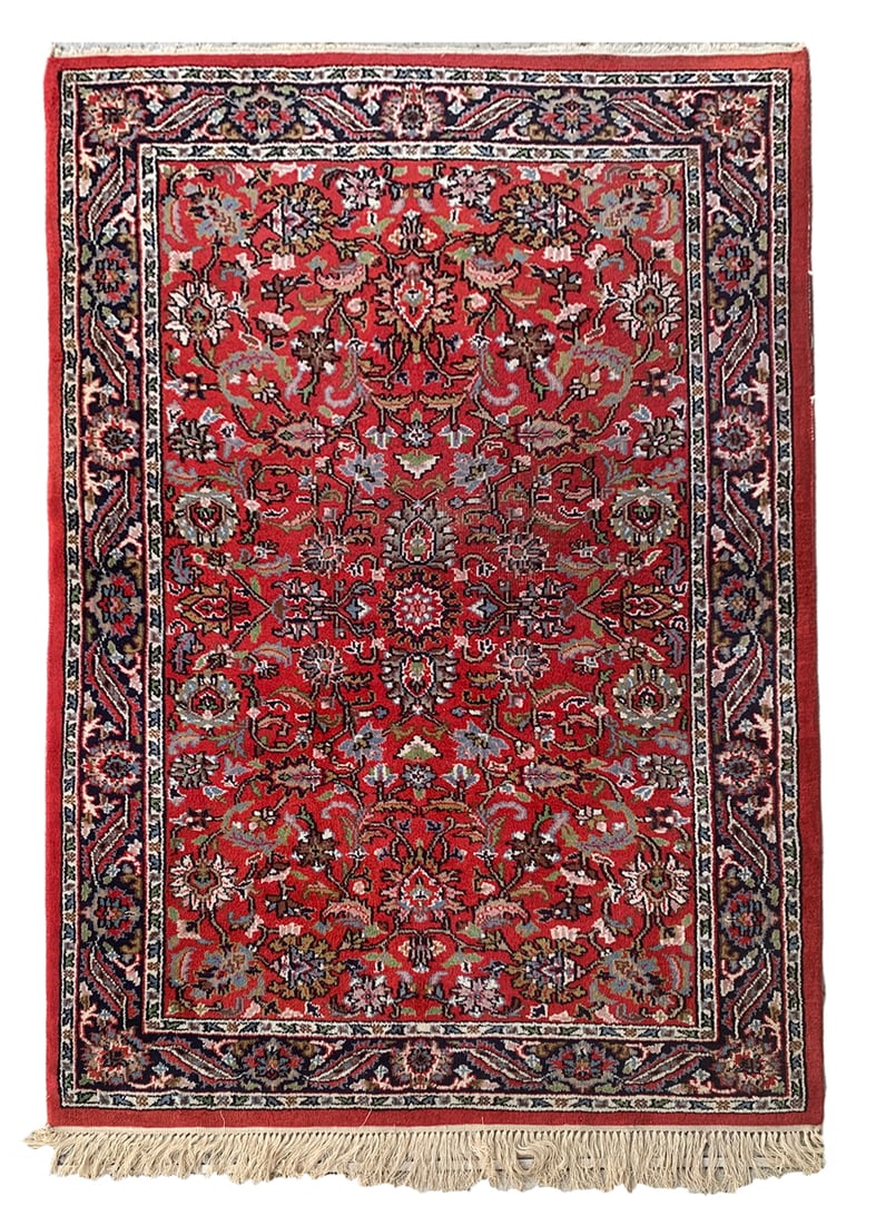 4X6 Estate Sarouq Hand-Knotted Wool Rug, Circa 1980: Hand-knotted wool pile on a cotton foundation. Circa 1980 Dimensions: 4' x 5'11" Origin: India Condition: Good for its age Field Color: Red Border Color: Midnight-Blue Accent Colors: Ivory, Light-Blue