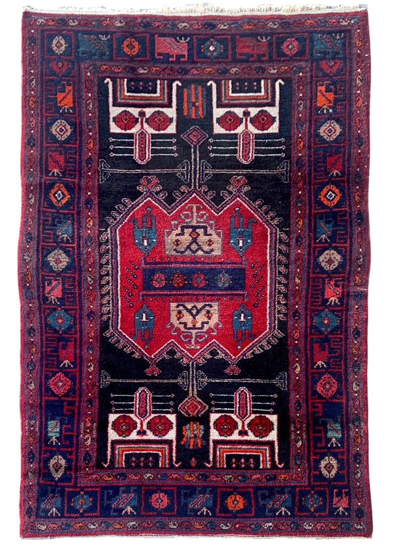4X7 Estate Persian Malayer, Circa 1970: Hand-knotted wool pile on a cotton foundation. Circa 1970 Dimensions: 4'3" x 7'6" Origin: Iran Condition: Excellent for its age Field Color: Charcoal-Black Border Color: Navy Accent Colors: Red, Ivory