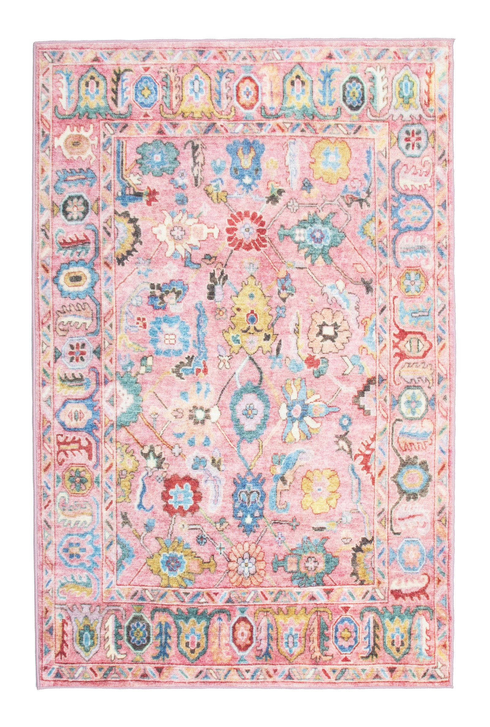 6X9 Pink Oushak Premium 1/4" Pile Ultra Soft Rug with Non-Slip & Padded Backing: Premium ultra soft 1/4" pile with non-slip and padded backing. 6X9 Origin: China Age: New Condition: Excellent Field Color: Pink Border Color: Pink Accent Color: Blue, Ivory, Brown, Red, Green Tufted 
