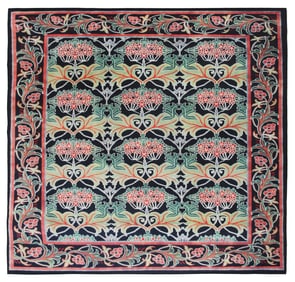8X8 Square Black William Morris Inspired Machine Washable Rug