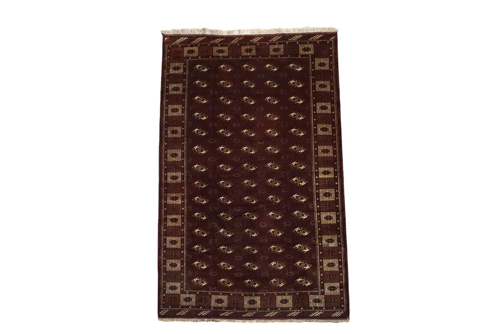 9X13 Turkoman Tribal Bukhara Rug, circa 1940: Hand-knotted wool pile on a cotton foundation. Circa 1940 Dimensions: 8'6" x 12'9" Origin: Iran Condition: Excellent Field Color: Deep-Burgundy Border Color: Deep-Burgundy Accent Colors: Ivory, Black