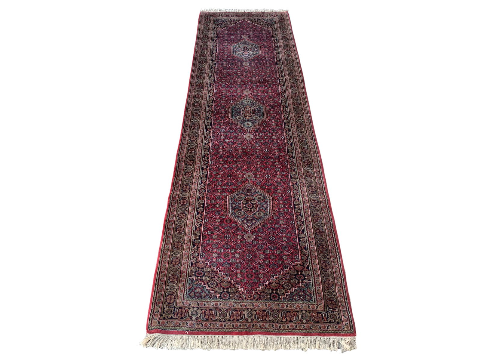 3X13 Bidjar Hand-Knotted Wool Runner, Circa 1990: Hand-knotted wool pile on a cotton foundation. Circa 1990 Dimensions: 3'6" x 12'6" Origin: India Condition: Good for its age Field Color: Cherry-Red Border Color: Olive Accent Colors: Black, Ivory, Bl