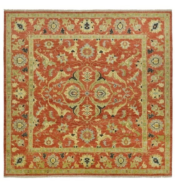 10X10 Square Heriz Hand-Knotted Wool Area Rug: 10X10 Hand-knotted wool pile on a cotton foundation. Origin: India New Field Color: Rust Border Color: Rust SKU: 104.06-12.05.23-10X10-AP184