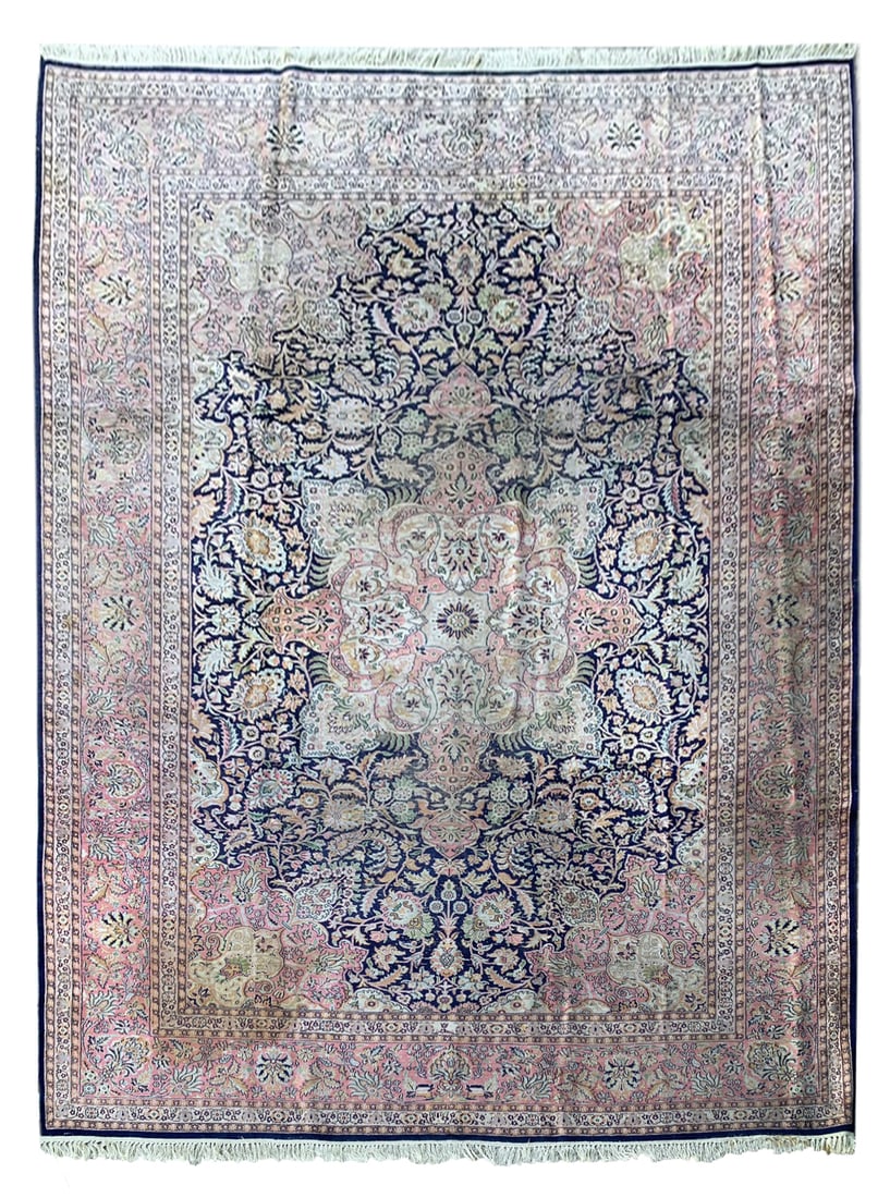 8X11 Estate Distressed Silk Kashmar Rug, Circa 1960: Hand-knotted silk pile on a cotton foundation. Circa 1960 Dimensions: 8'3" x 11'6" Origin: Kashmar Condition: Good for its age Field Color: Navy-Blue Border Color: Pink Accent Colors: Ivory, Gold, Lig