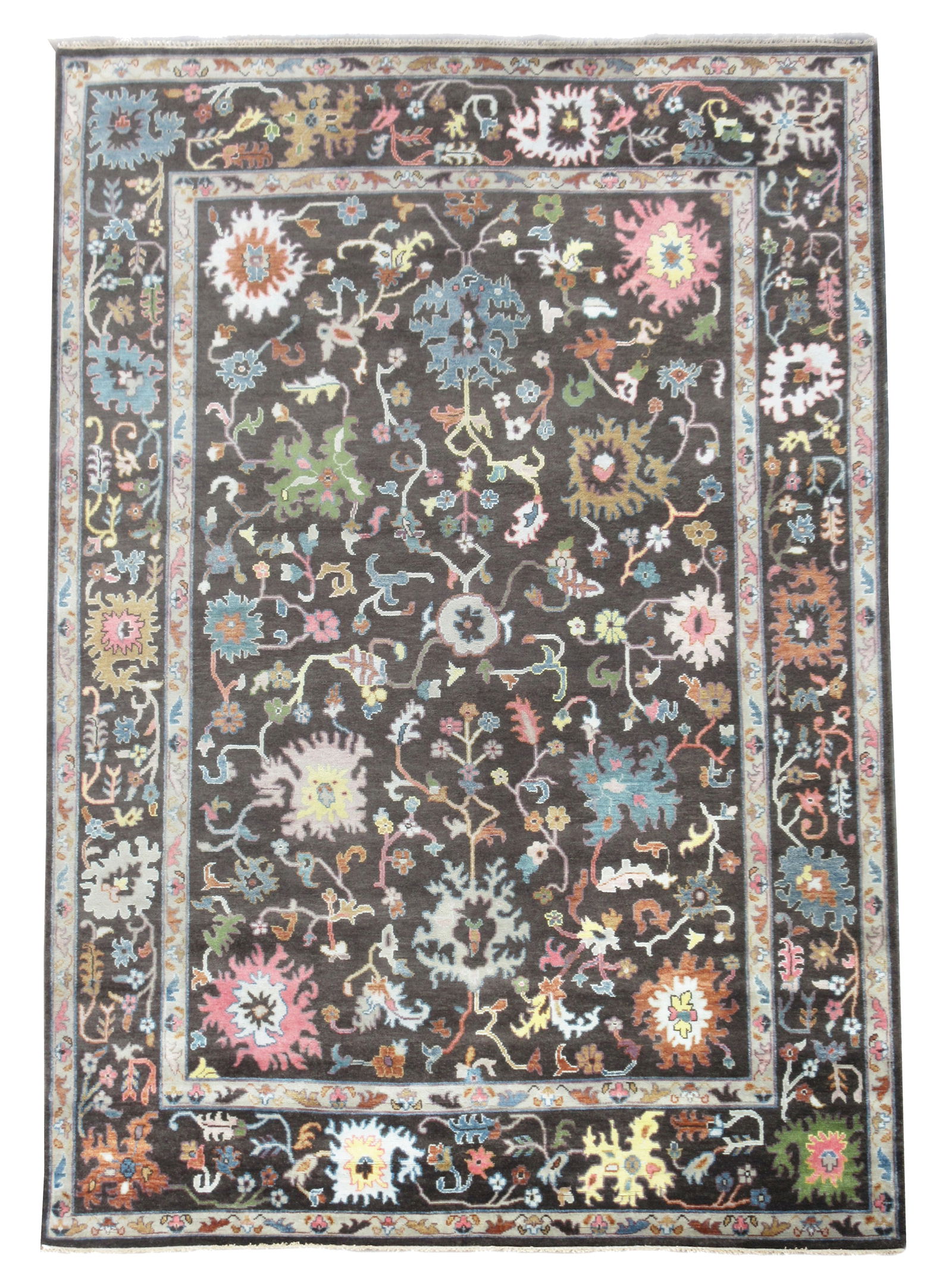 10X14 Brown Oushak Area Rug: Hand-knotted, wool pile on a cotton foundation. Dimensions: 10' x 14'1" Origin: India Field Color: Brown Border Color: Brown Accent Colors: Pink, Blue, Green, Ivory, Yellow, Rust SKU: