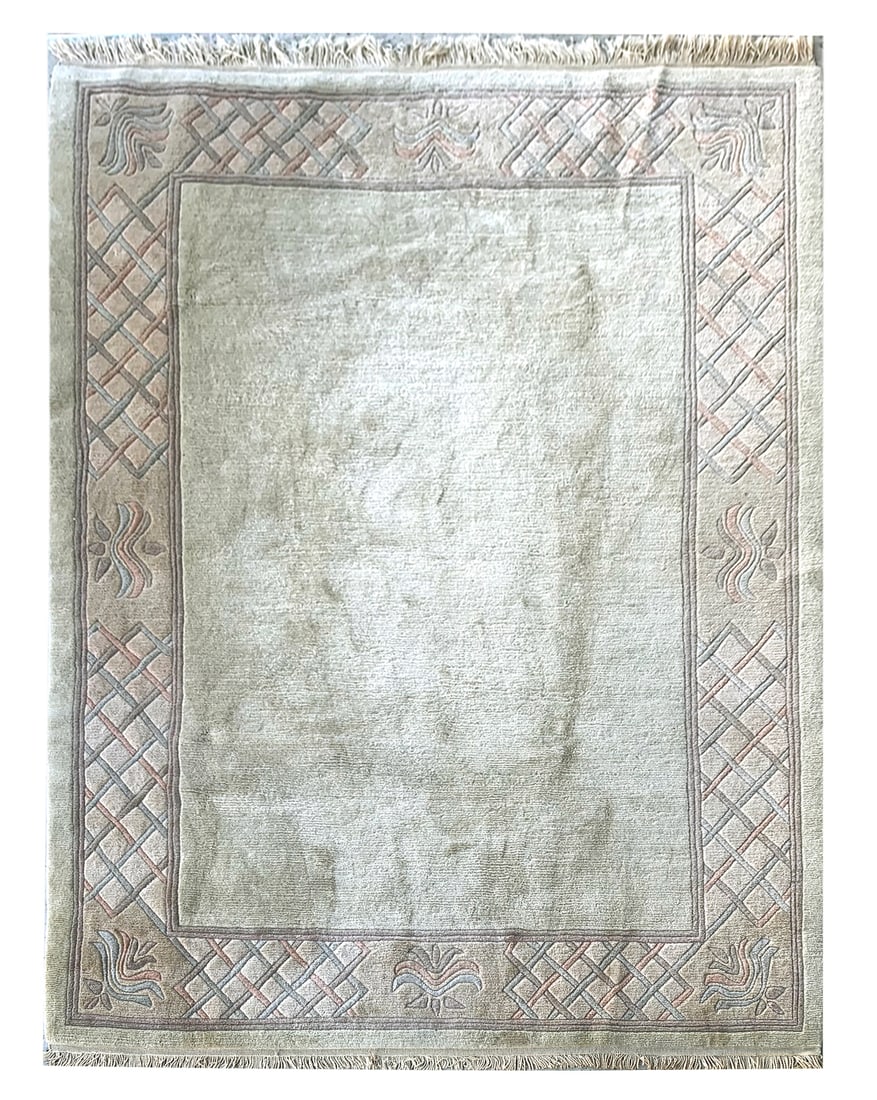 6X8 Estate Tibetan Rug, Circa 1980: Hand-knotted wool pile on a cotton foundation. Circa 1980 Dimensions: 5'7" x 8'3" Origin: India Condition: Excellent for its age Field Color: Ivory Border Colors: Pink Accent Colors: Light-Blue SKU: