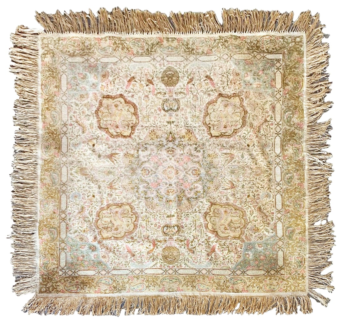5X5 Square Pure Silk Turkish Distressed Rug, circa 1900: Hand-knotted, silk zero pile on a cotton foundation. Circa 1900 Dimensions: 4'10" x 5'1" Origin: Turkey Condition: Excellent Field Color: Beige Border Color: Beige Accent Colors: Antique-Blue,