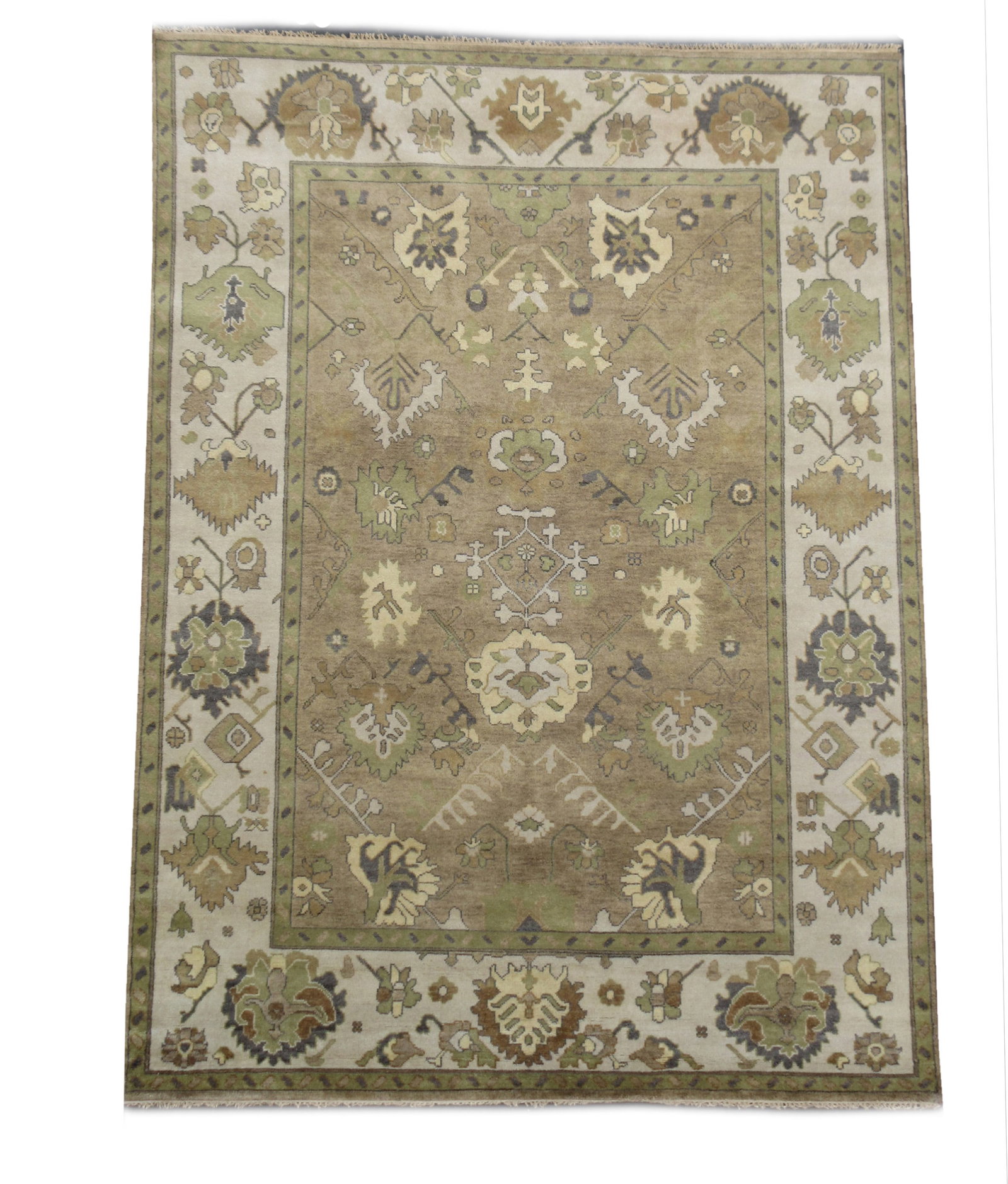 9X12 Light-Brown Oushak Area Rug: Hand-knotted, wool pile on a cotton foundation. Dimensions: 8'11" x 11'10" Origin: India Field Color: Light-Brown Border Color: Beige Accent Colors: Brown, Gray SKU: 88.102-03.02.22-9X12-50-AM141-ETMK