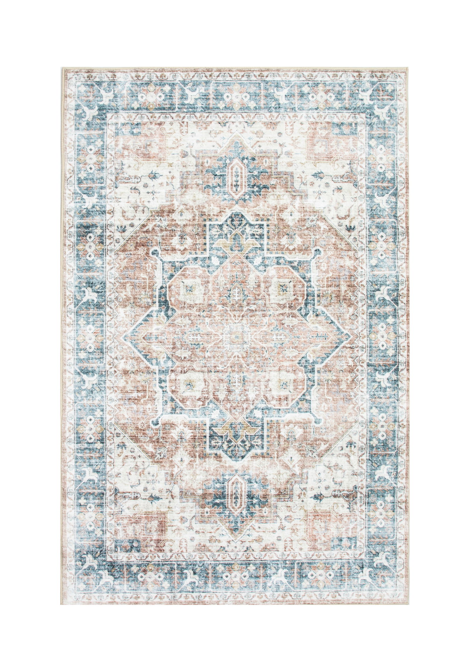 3X5 Heriz Premium 1/4" Pile Ultra Soft Rug with Non-Slip & Padded Backing: Premium ultra soft 1/4" pile with non-slip padded backing. 3X5 New Origin: China Field Color: Ivory Border Color: Blue Accent Colors: Rust, Golden-Brown Tufted art silk pile on a non-slip polyester fo