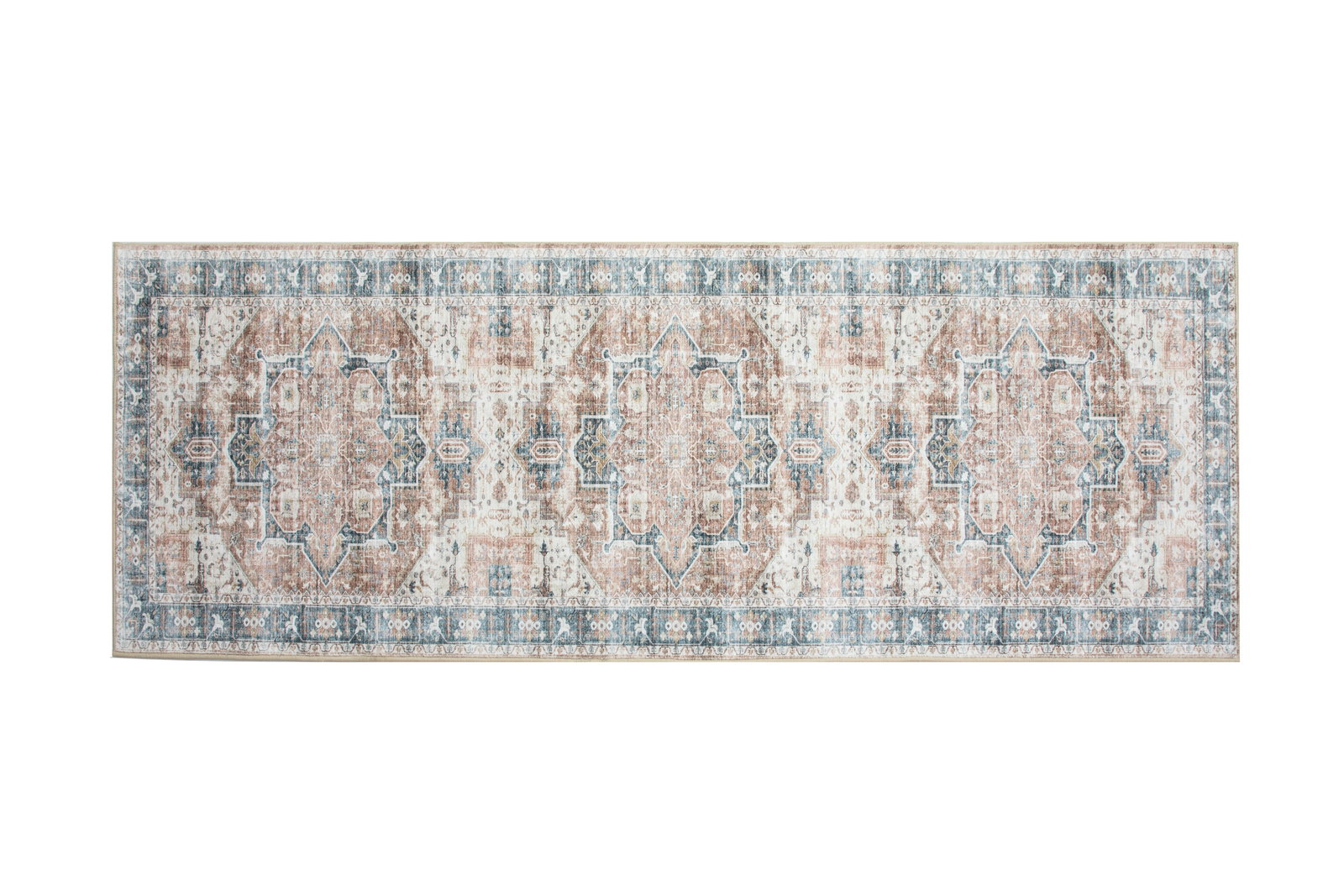 3X8 Heriz Premium 1/4" Pile Ultra Soft Runner (2'6" x 8'): Premium ultra soft 1/4" pile with non-slip padded backing. 2'6" x 8' New Origin: China Field Color: Ivory Border Color: Blue Accent Colors: Rust, Golden-Brown Tufted art silk pile on a non-slip polyes