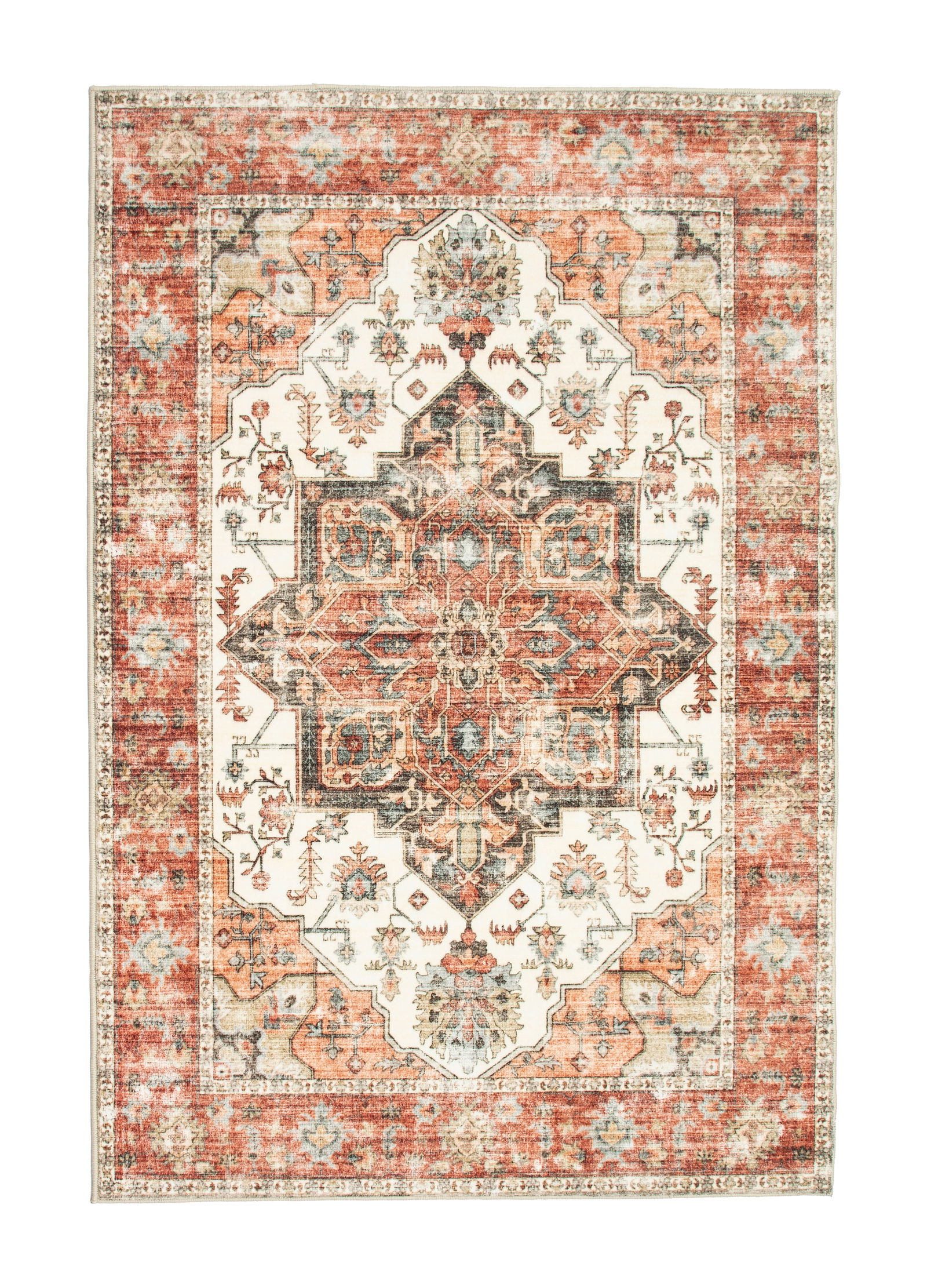 4X6 Serapi Premium 1/4" Pile Ultra Soft Rug with Non-Slip & Padded Backing: Premium ultra soft 1/4" pile with non-slip padded backing. 4X6 New Origin: China Field Color: Ivory Border Color: Red Accent Colors: Black, Gray, Orange, Brown Tufted art silk pile on a non-slip polye