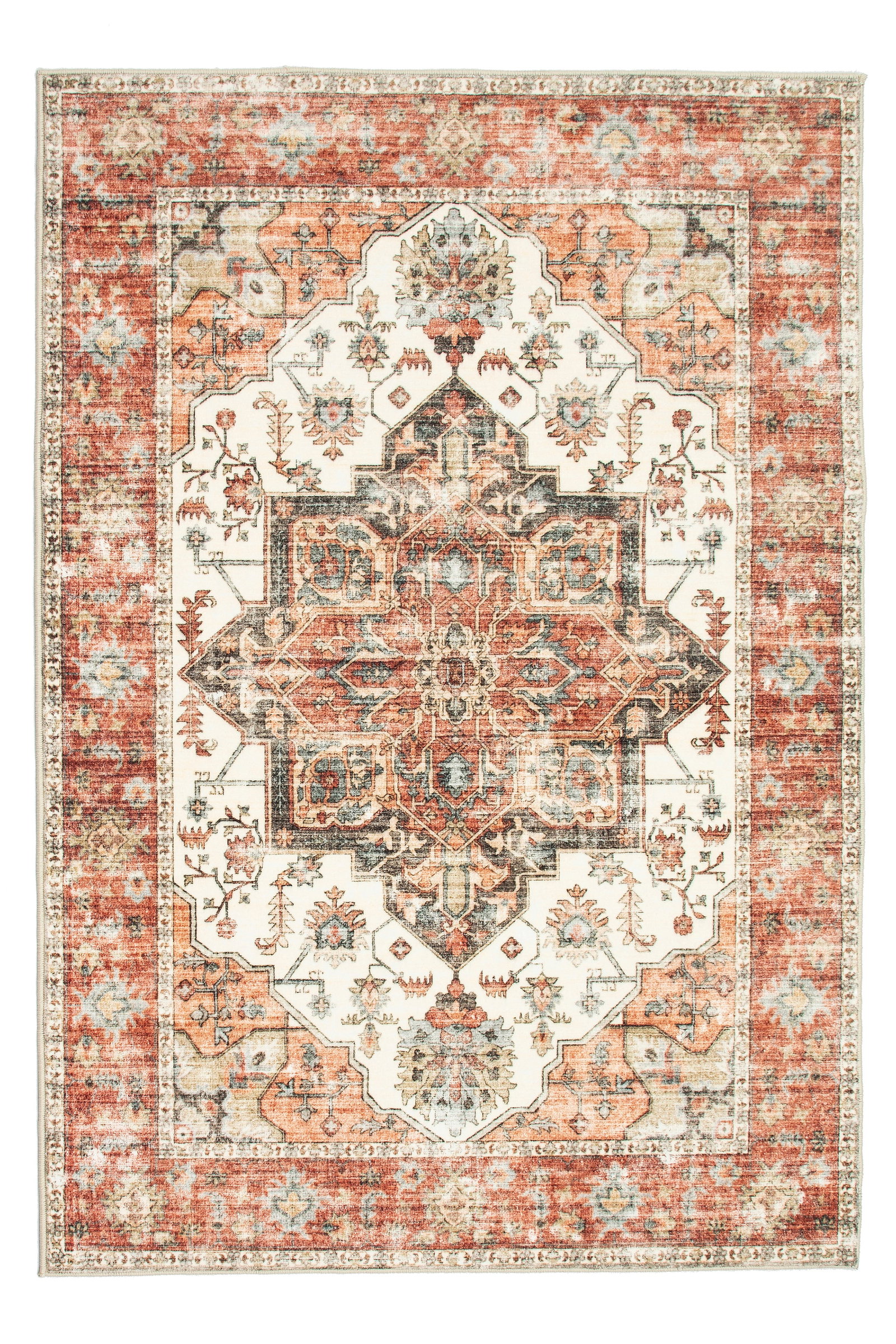 8X10 Serapi Premium 1/4" Pile Ultra Soft Rug with Non-Slip & Padded Backing: Premium ultra soft 1/4" pile with non-slip padded backing. 8X10 New Origin: China Field Color: Ivory Border Color: Red Accent Colors: Black, Gray, Orange, Brown Tufted art silk pile on a non-slip poly