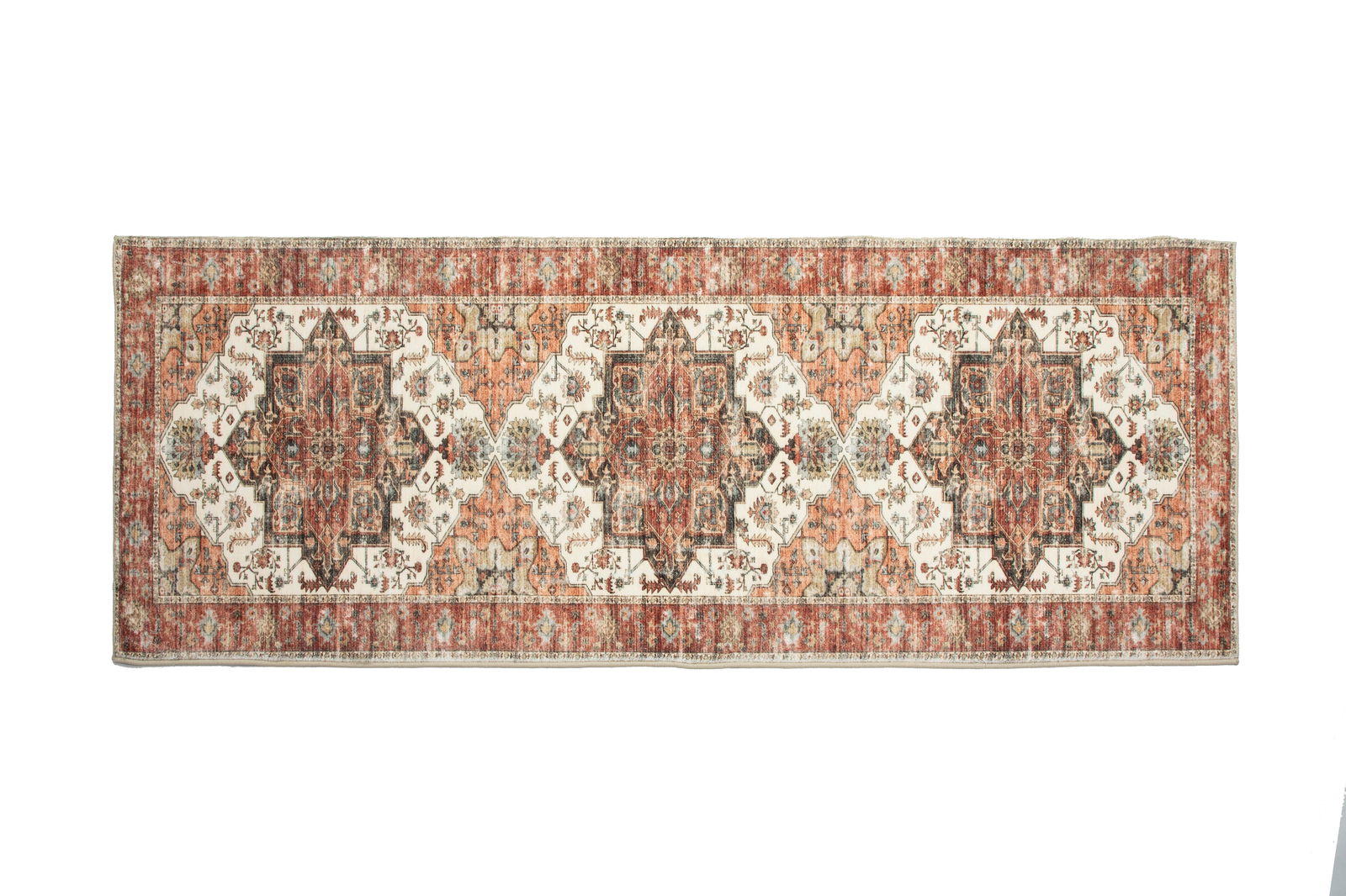 3X8 Serapi Premium 1/4" Pile Ultra Soft Runner (2'6" x 8'): Premium ultra soft 1/4" pile with non-slip padded backing. 2'6" x 8' New Origin: China Field Color: Ivory Border Color: Red Accent Colors: Black, Gray, Orange, Brown Tufted art silk pile on a non-slip