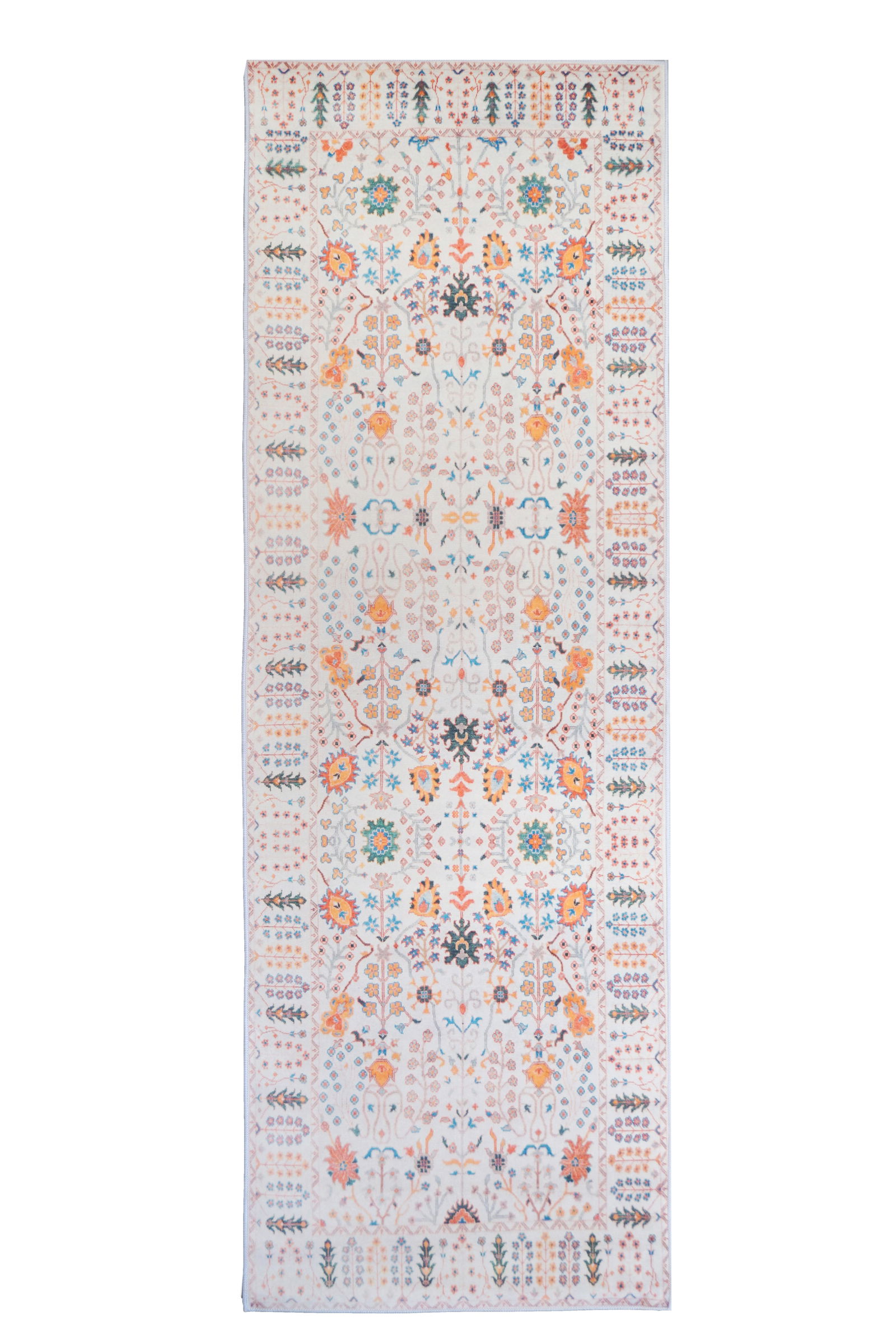3X8 Modern Ivory Oushak Machine Washable Runner (2'6" x 8'): Machine Washable Approximate Dimensions: 2'6" x 8' Origin: China Field Color: Ivory Border Color: Ivory Accent Colors: Green, Blue, Orange, Red, Gray SKU: 96.17-01.16.23-3X8-4-AN148