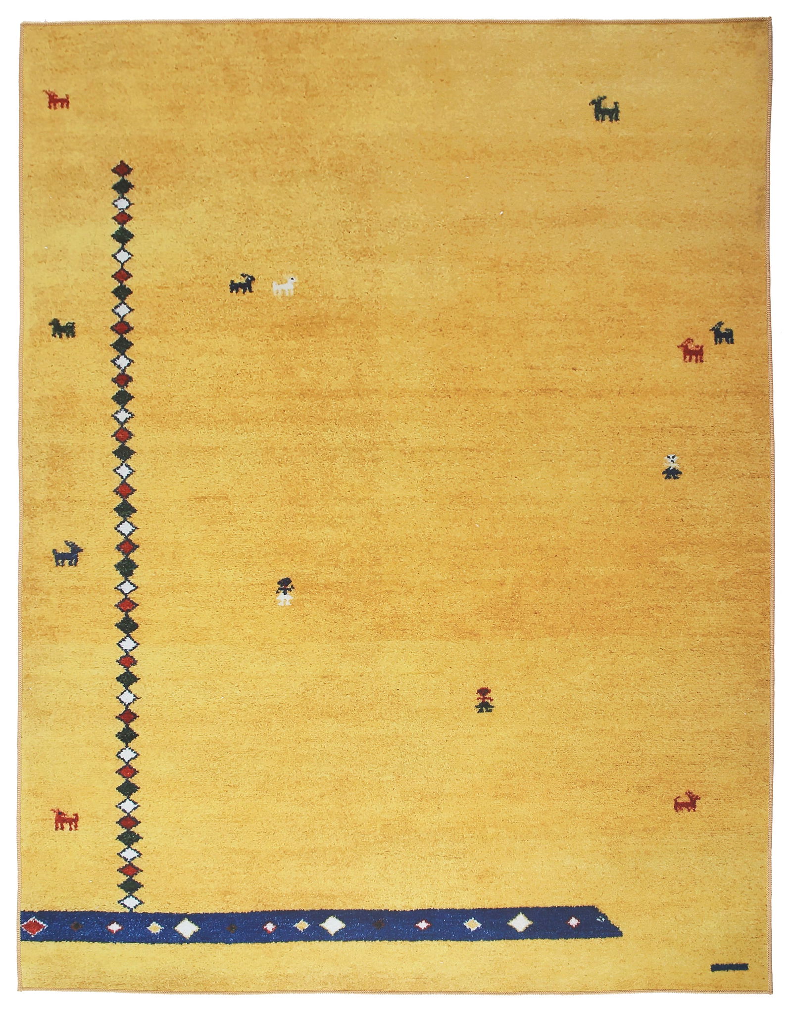 8X10 Gabbeh Machine Washable Rug Boy, Girl, Goat Design: Machine Washable Approximate Dimensions: 8' x 10' Origin: China Field Color: Gold Accent Colors: Blue, Green, Red, Ivory SKU: 96.33-01.16.23-8X10-15-AN164