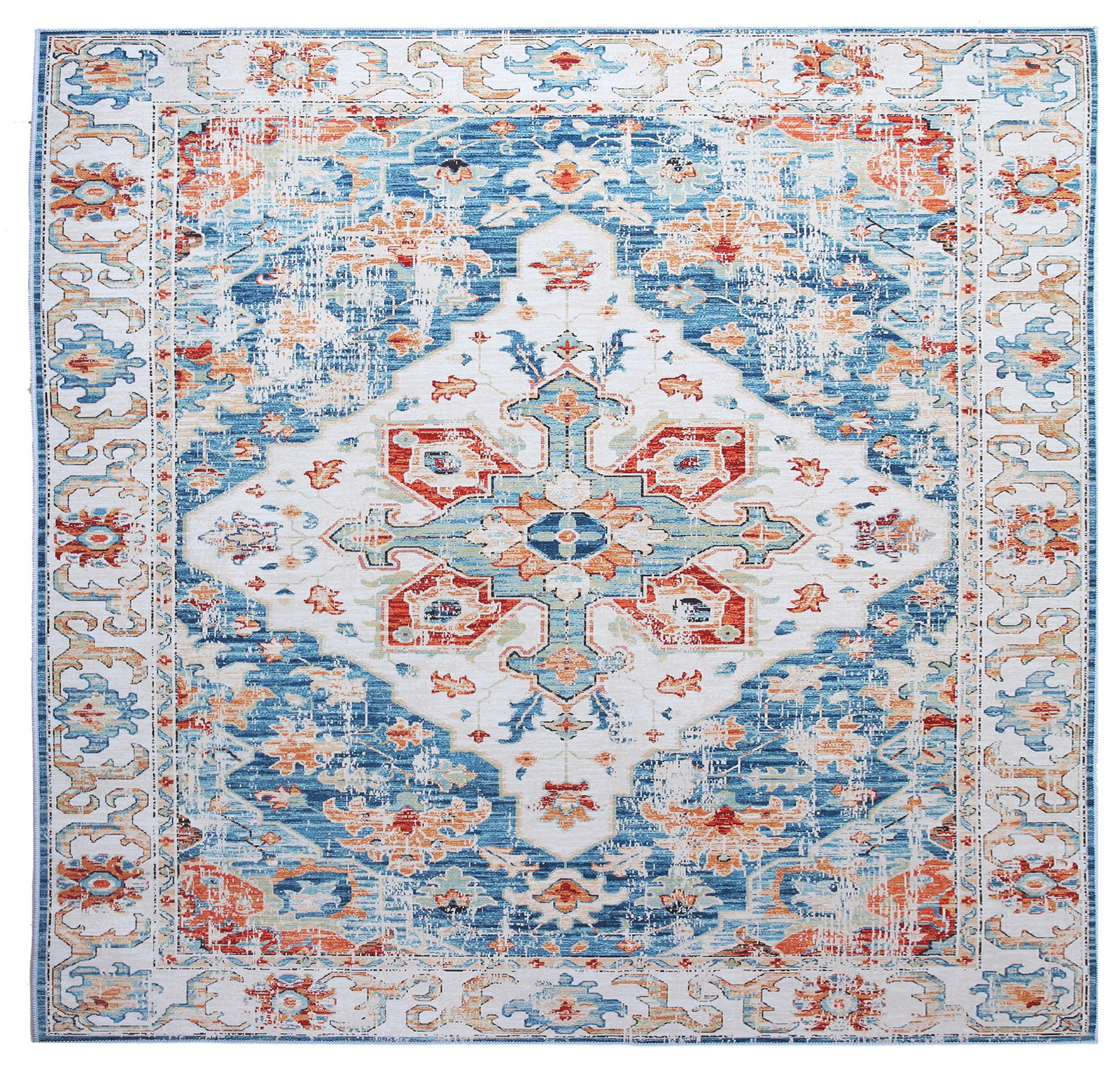 8X8 Square Modern Distressed Heriz Machine Washable Rug: Machine Washable Approximate Dimensions: 8' x 8' Origin: China Field Color: Ivory Border Color: Ivory Accent Colors: Blue, Rust, Light-Green, Orange SKU: 96.40-01.16.23-8X8-12-AN171